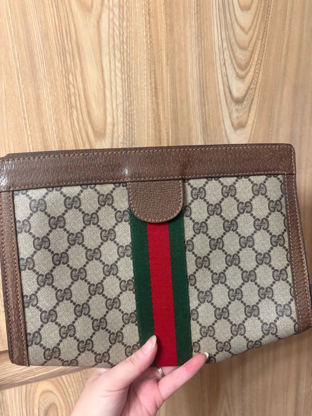 Auth Vintage Gucci Clutch Bag leather Brown PVC Medium